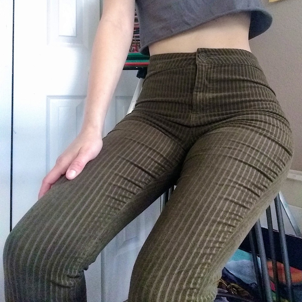 Dark Green Corduroy High Waisted Fitted Pants
